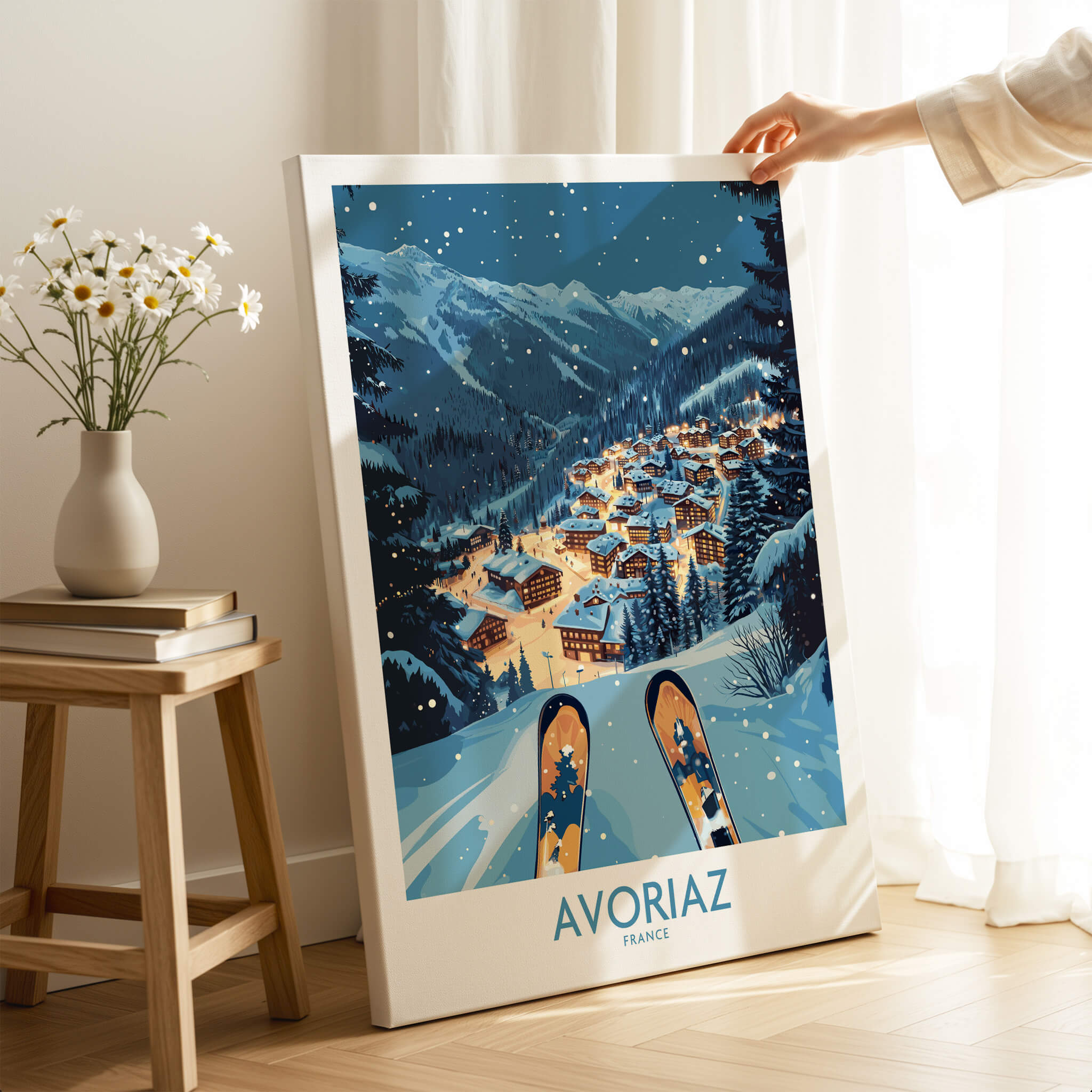 Avoriaz France Art Print | Ski Poster showcasing a winter landscape with a ski town and snowy mountains