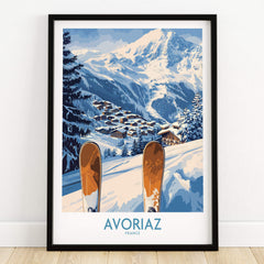 Avoriaz Ski Poster France Print featuring snowy slopes and ski village in the French Alps.