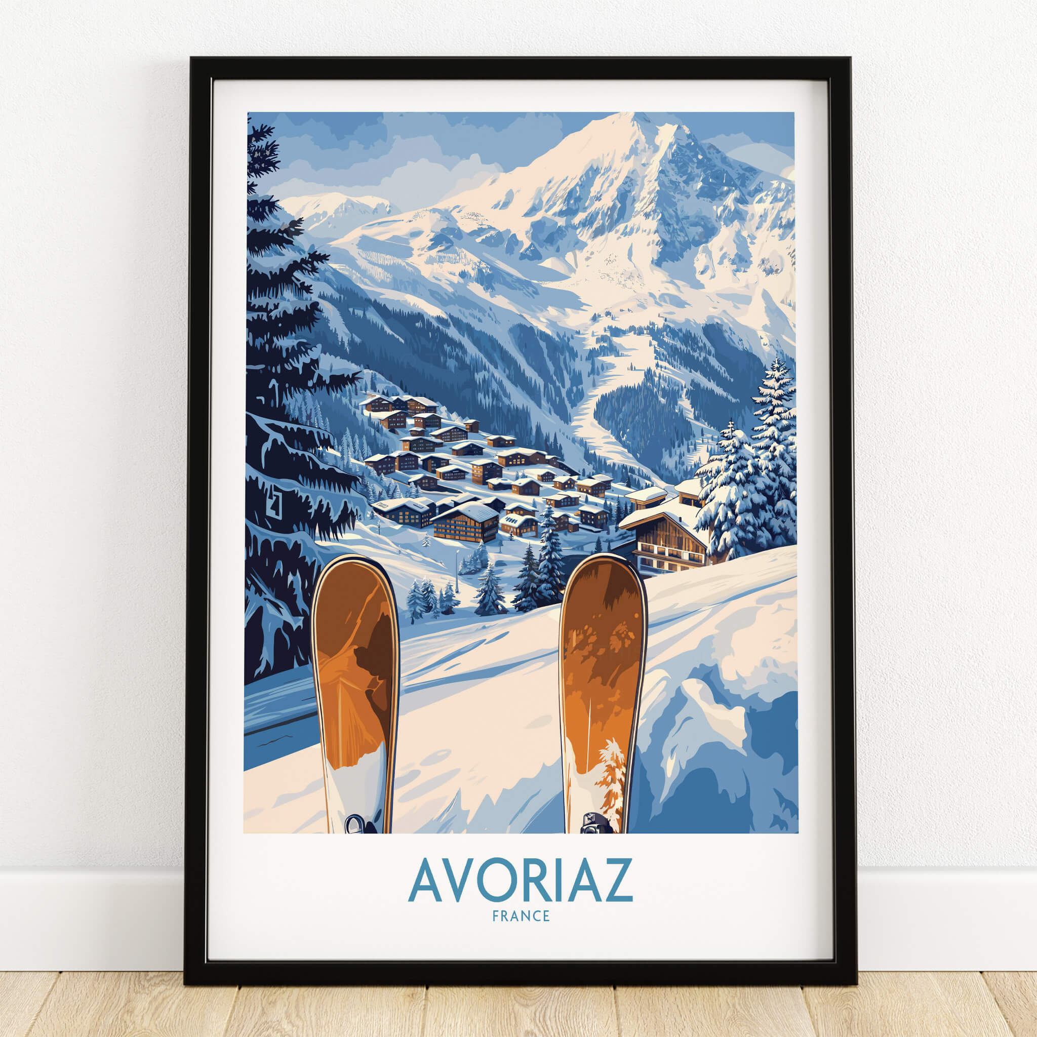 Avoriaz Ski Poster France Print featuring snowy slopes and ski village in the French Alps.