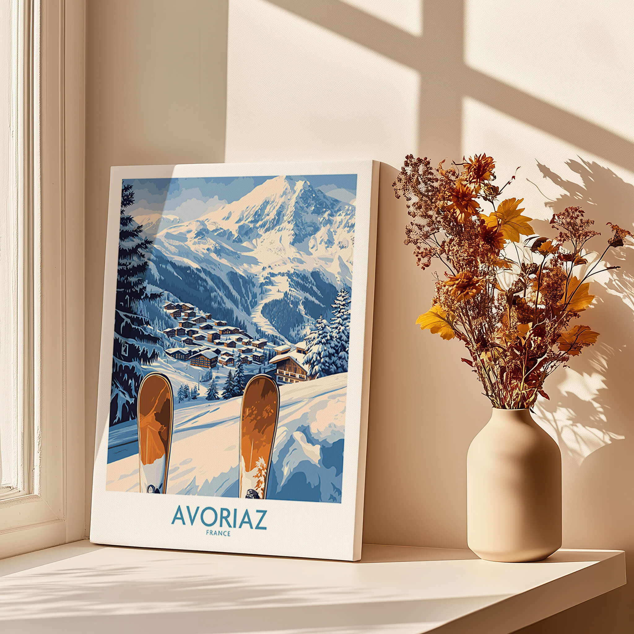 Avoriaz Ski Poster France Print showcasing a snowy ski village and mountains in the French Alps.
