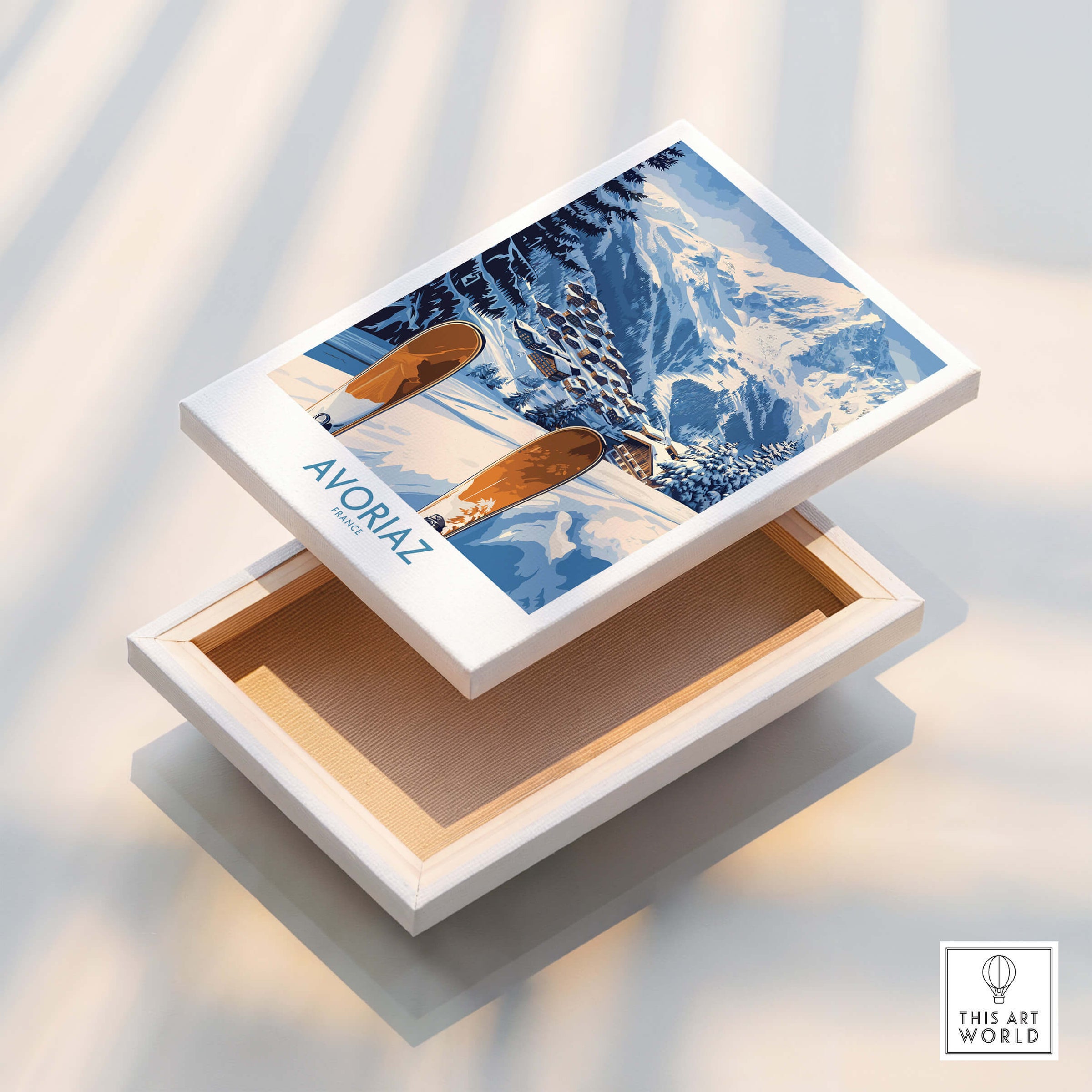 Avoriaz Ski Poster France Print featuring snowy mountains and ski equipment in a stylish box.