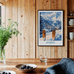 Avoriaz Ski Poster France Print showing a beautiful mountain scene with skis, perfect for ski enthusiasts.