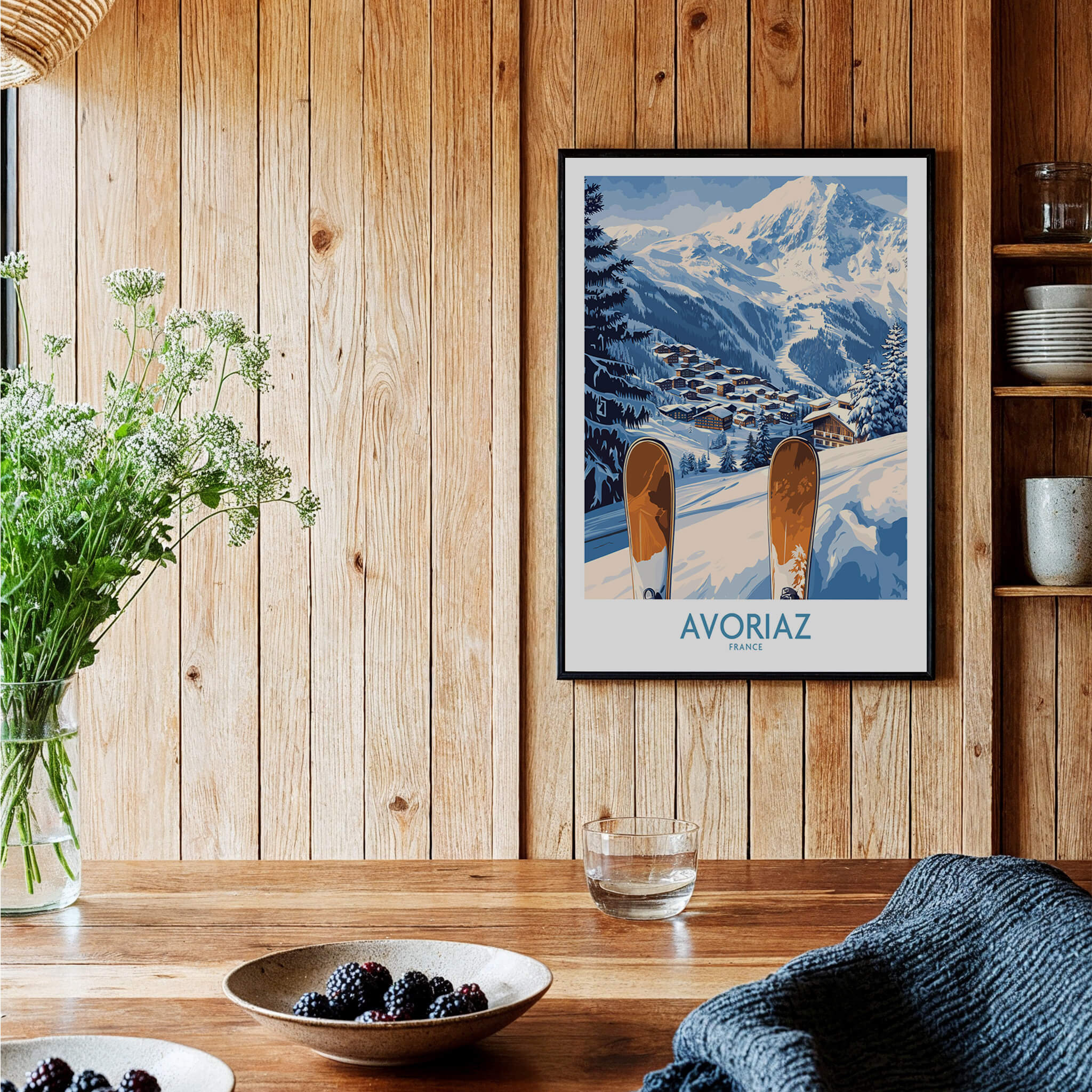 Avoriaz Ski Poster France Print showing a beautiful mountain scene with skis, perfect for ski enthusiasts.