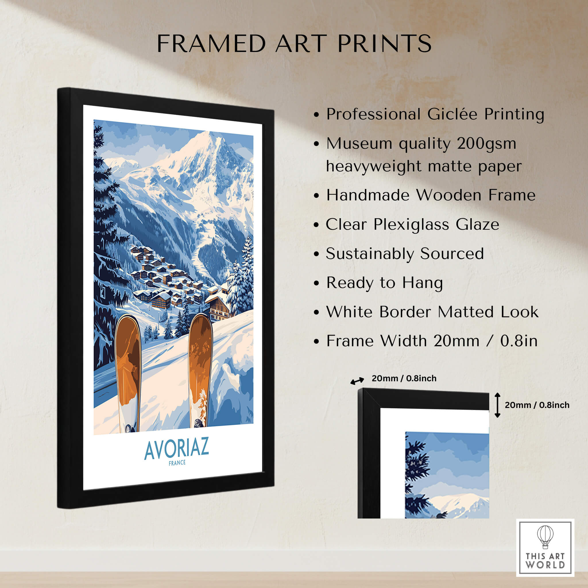 Avoriaz Ski Poster France Print framed art print showcasing a snowy mountain landscape and wooden skis.