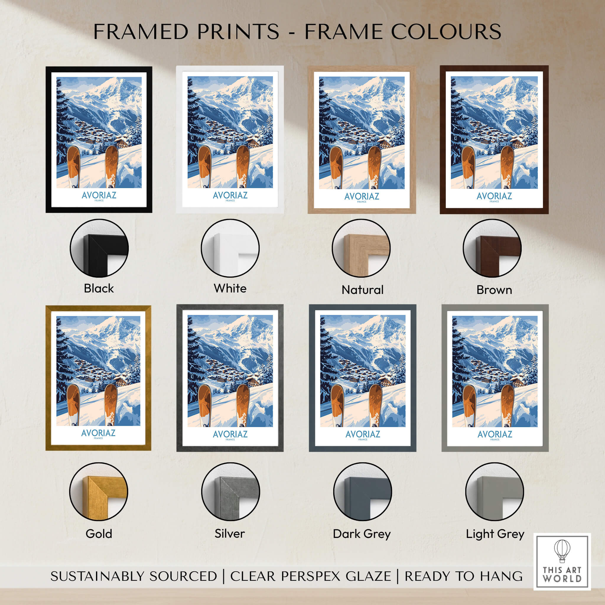 Avoriaz Ski Poster France Print framed in various color options including black, white, natural, and brown.