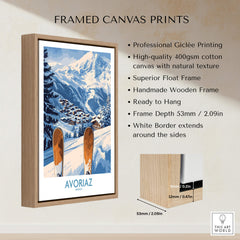 Avoriaz Ski Poster France Print framed canvas print displaying a snowy Alps scene with skis and a wooden frame.