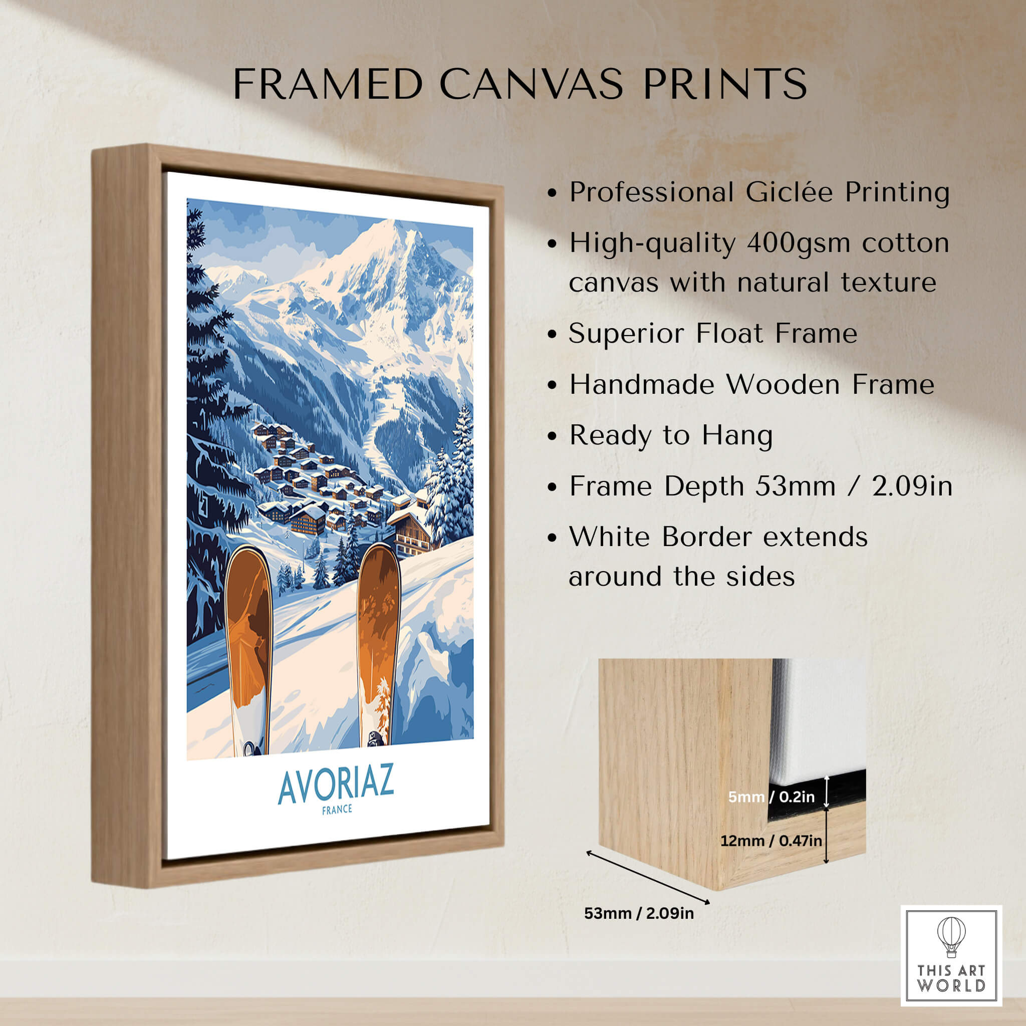 Avoriaz Ski Poster France Print framed canvas print displaying a snowy Alps scene with skis and a wooden frame.