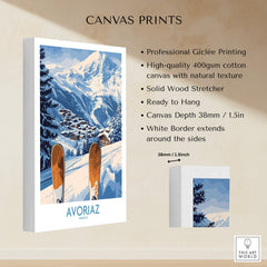 Avoriaz Ski Poster France Print showcasing a vibrant snow-capped mountain village on high-quality canvas.