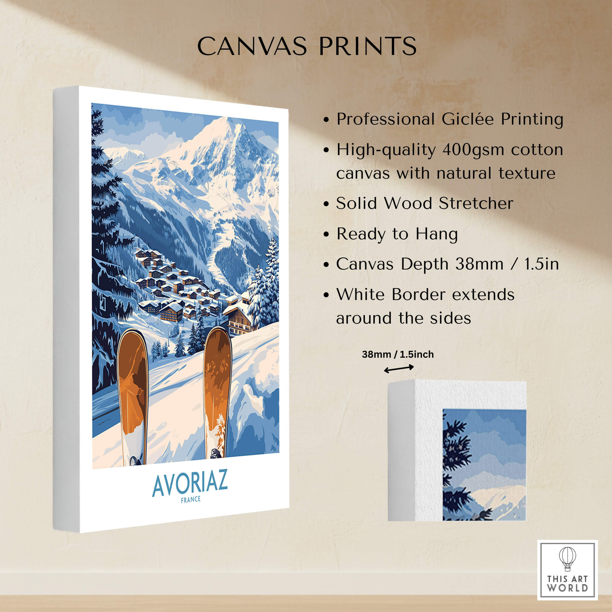 Avoriaz Ski Poster France Print showcasing a vibrant snow-capped mountain village on high-quality canvas.