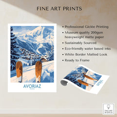 Avoriaz Ski Poster France Print featuring professional Giclée printing and a beautiful snowy alpine landscape.