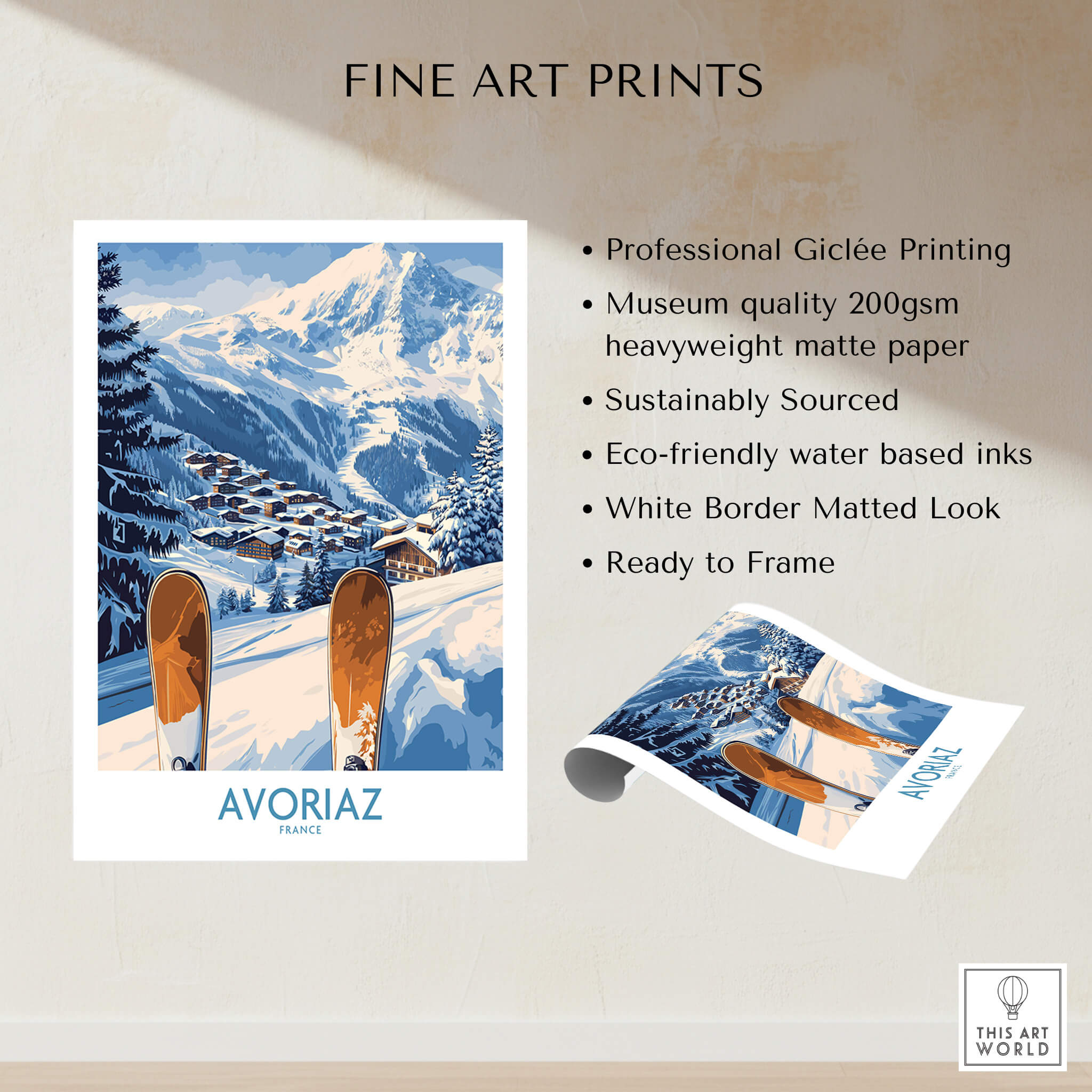 Avoriaz Ski Poster France Print featuring professional Giclée printing and a beautiful snowy alpine landscape.
