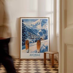 Avoriaz Ski Poster France Print showcasing a snowy Alps landscape and ski village inside a stylish interior.