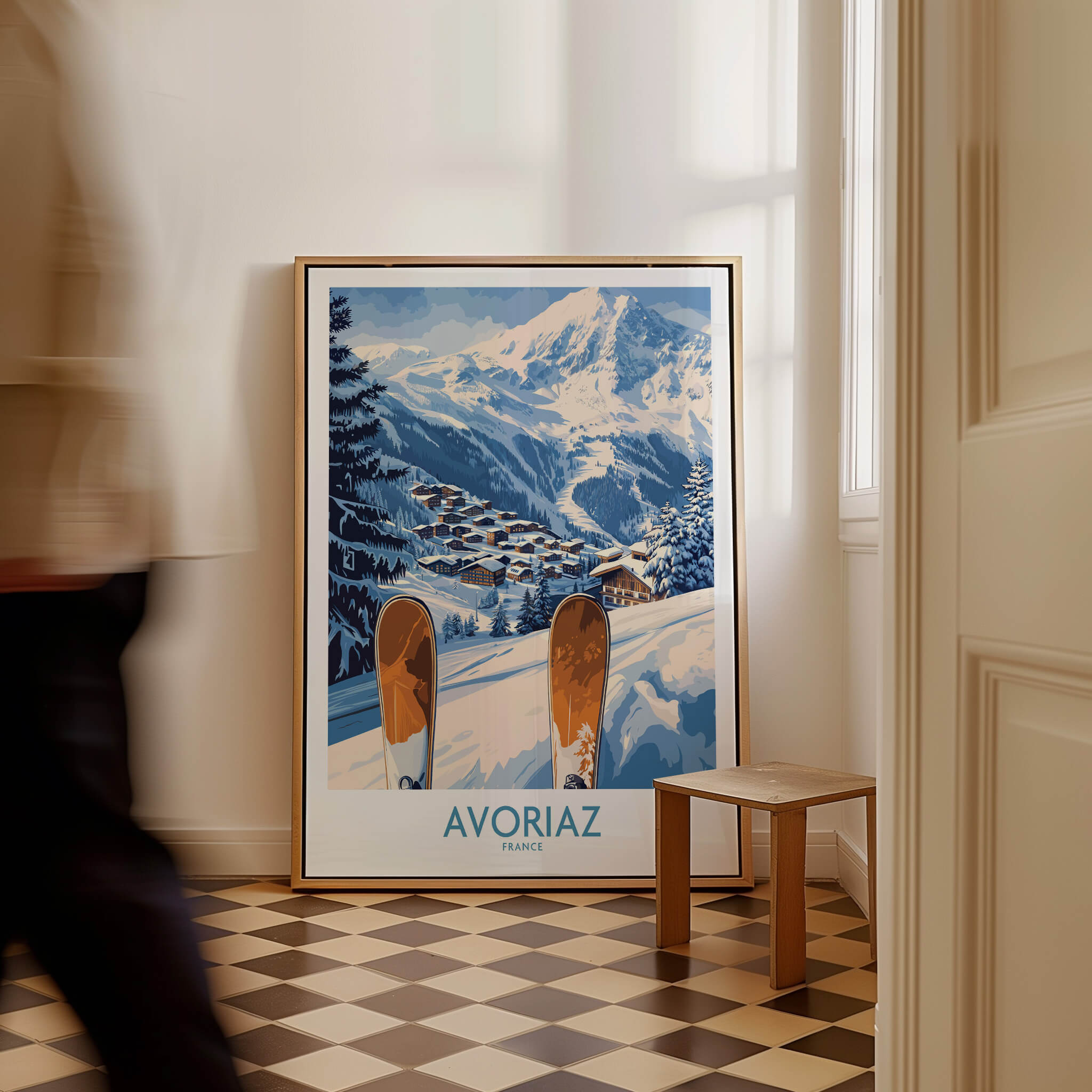 Avoriaz Ski Poster France Print showcasing a snowy Alps landscape and ski village inside a stylish interior.