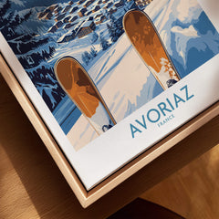 Avoriaz Ski Poster France Print featuring ski equipment and alpine scenery in a wooden frame.