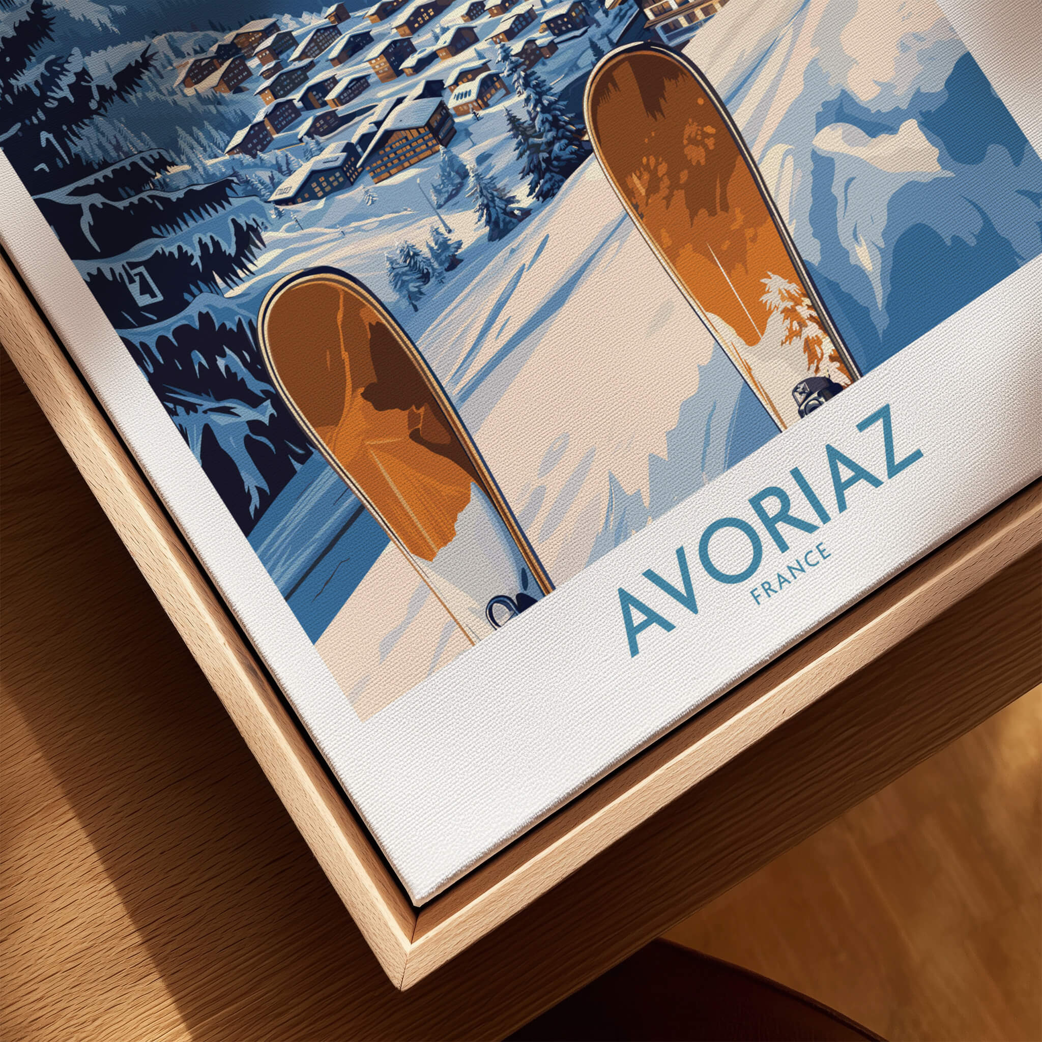 Avoriaz Ski Poster France Print featuring ski equipment and alpine scenery in a wooden frame.