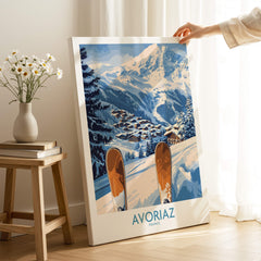 Avoriaz Ski Poster France Print showcasing a snowy mountain landscape and ski village in the French Alps.