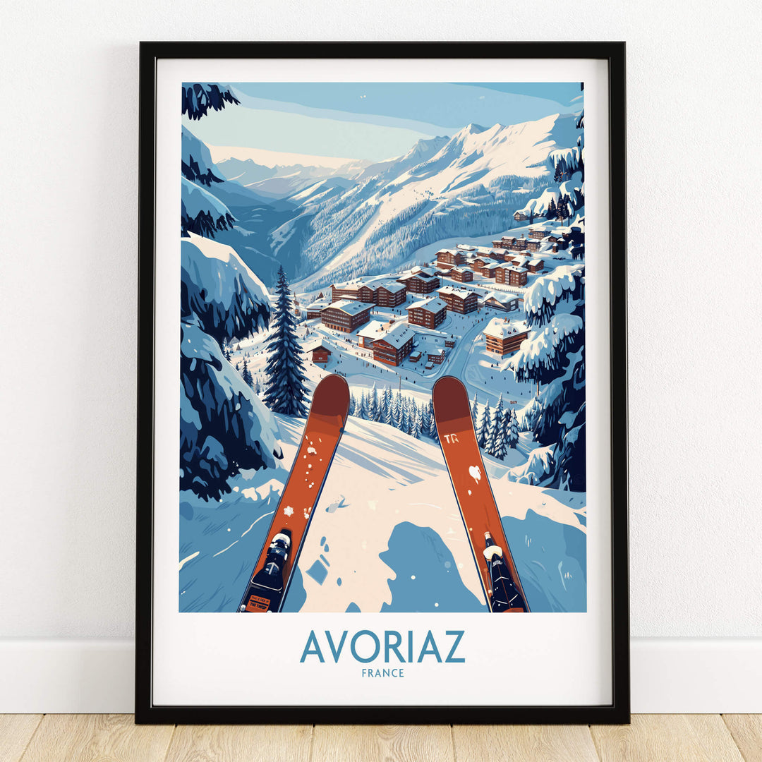 Avoriaz France Ski  Art Print | Mountain Chalet Poster showcasing a skier's view of alpine landscape and cozy chalets.