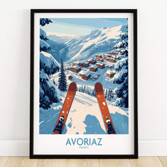 Avoriaz France Ski  Art Print | Mountain Chalet Poster showcasing a skier's view of alpine landscape and cozy chalets.