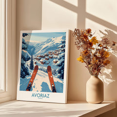 Avoriaz France Ski  Art Print | Mountain Chalet Poster showcasing snowy landscape and ski slopes.