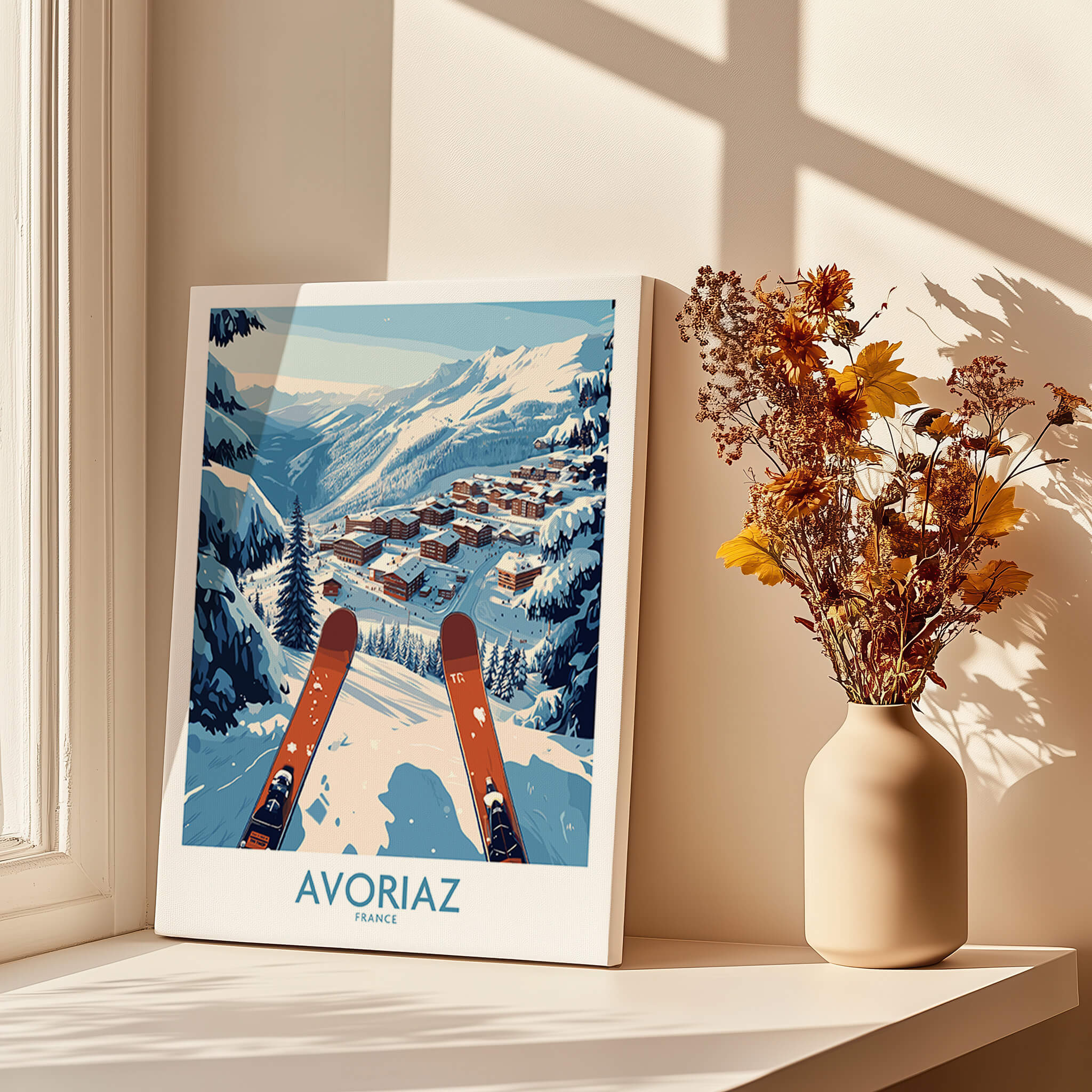 Avoriaz France Ski  Art Print | Mountain Chalet Poster showcasing snowy landscape and ski slopes.