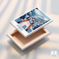 Avoriaz France Ski  Art Print | Mountain Chalet Poster displayed on a wooden box, showcasing winter sports and alpine charm.