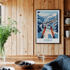 Avoriaz France Ski Art Print | Mountain Chalet Poster showcasing snowy slopes in a cozy wooden interior.