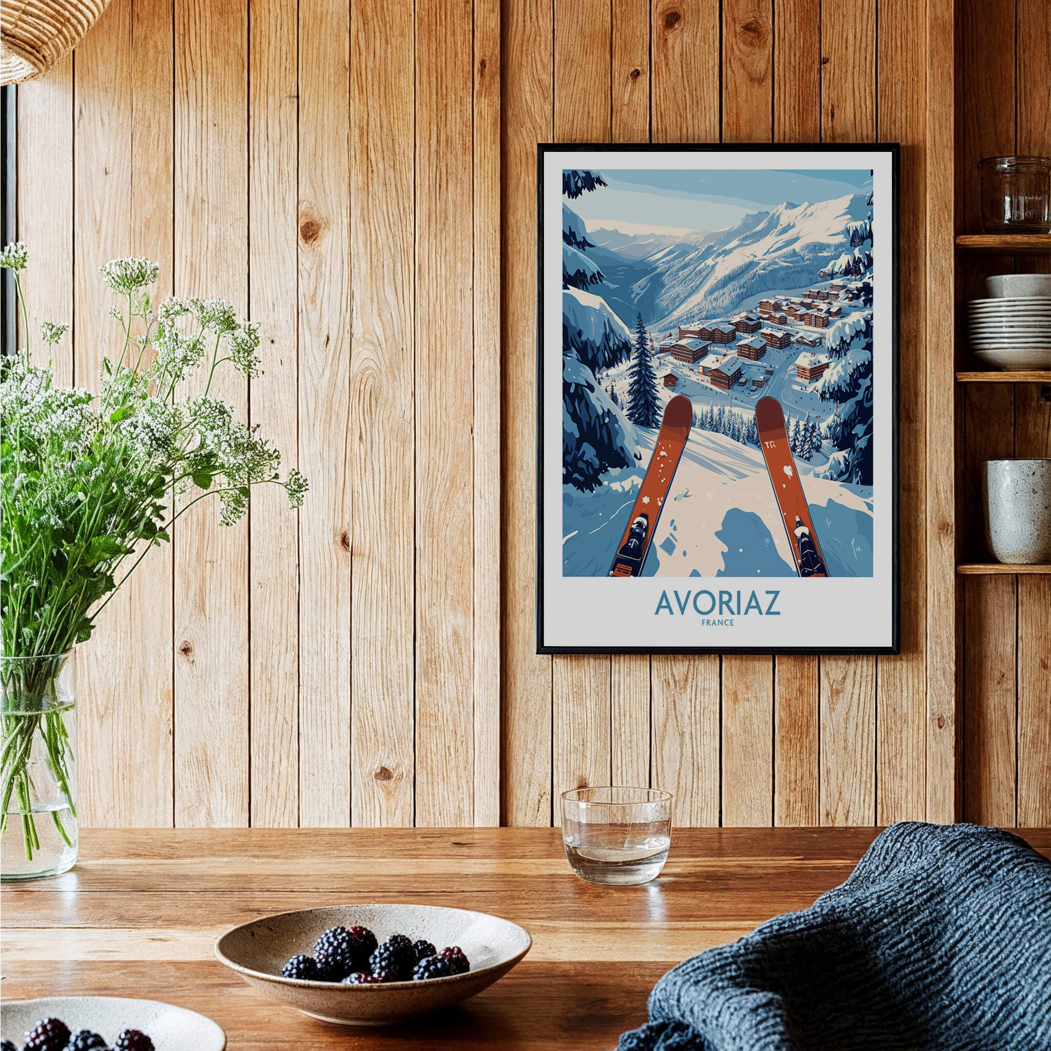 Avoriaz France Ski Art Print | Mountain Chalet Poster showcasing snowy slopes in a cozy wooden interior.