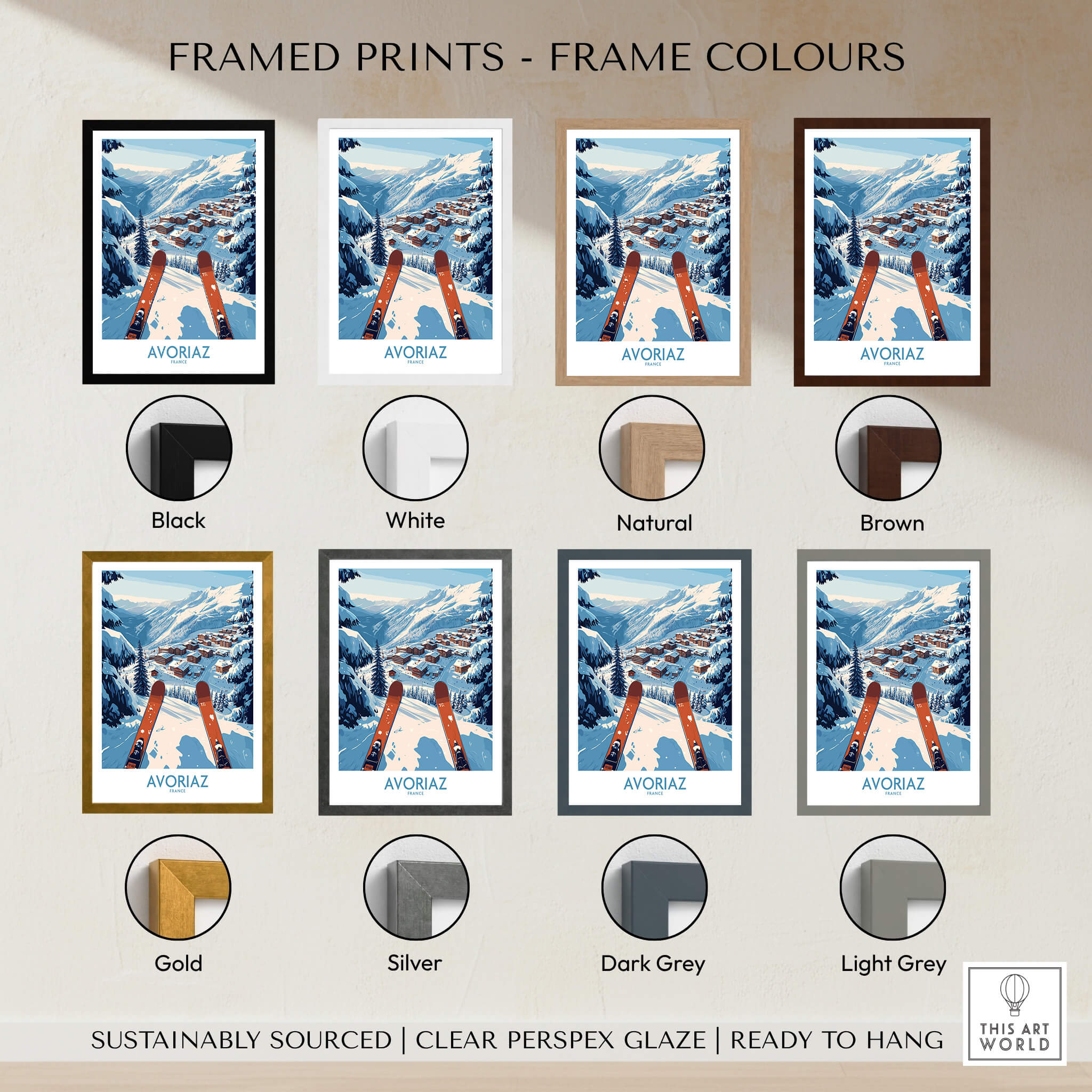 Avoriaz France Ski Art Print | Mountain Chalet Poster framed print color options display