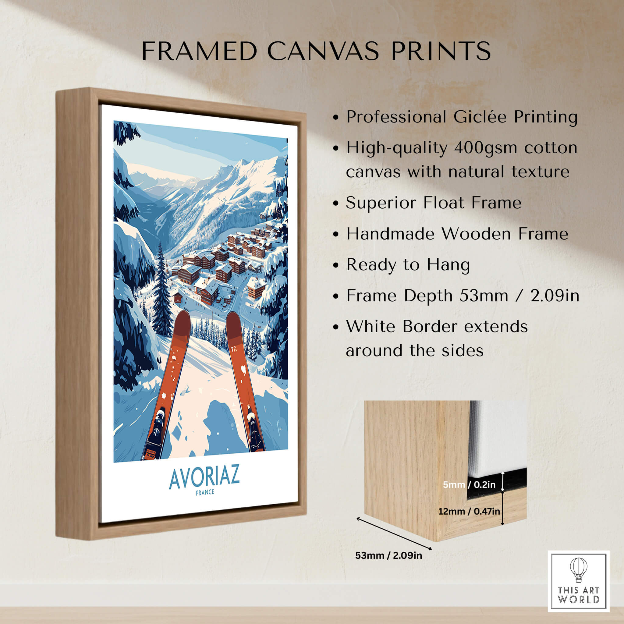 Avoriaz France Ski  Art Print | Mountain Chalet Poster displayed in a stylish framed canvas with a wooden border.