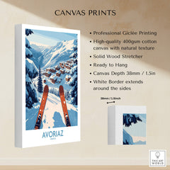 Avoriaz France Ski Art Print | Mountain Chalet Poster on canvas with snowy alpine landscape and ski details.