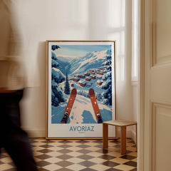Avoriaz France Ski  Art Print | Mountain Chalet Poster displayed in a cozy room, showcasing snowy slopes and winter sports.
