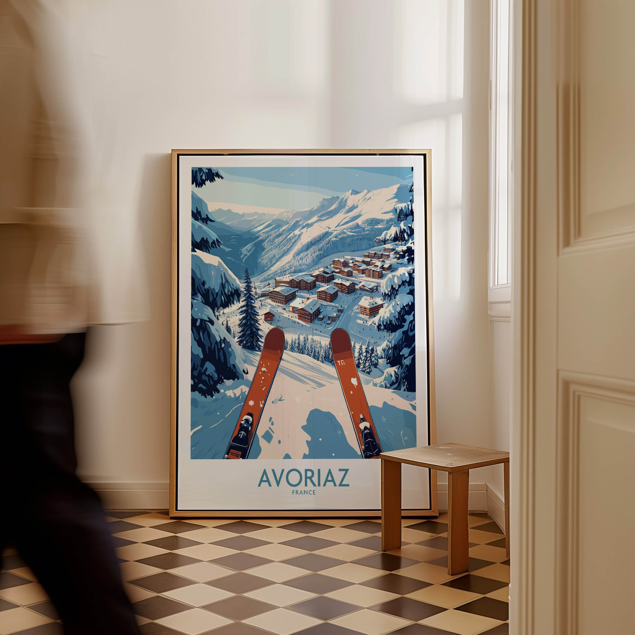 Avoriaz France Ski  Art Print | Mountain Chalet Poster displayed in a cozy room, showcasing snowy slopes and winter sports.