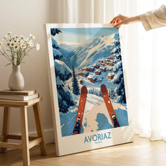 Avoriaz France Ski Art Print | Mountain Chalet Poster showcasing a stunning alpine scene with skis in the foreground.