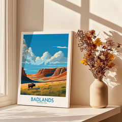 Badlands National Park art print on windowsill with sunlight and vase of dried flowers