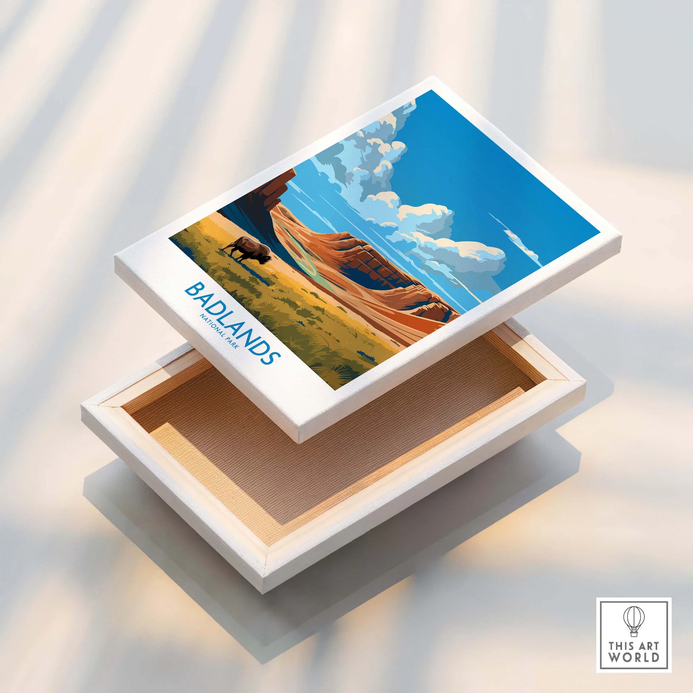 Badlands National Park art print on canvas, featuring bison, colorful cliffs and blue sky.