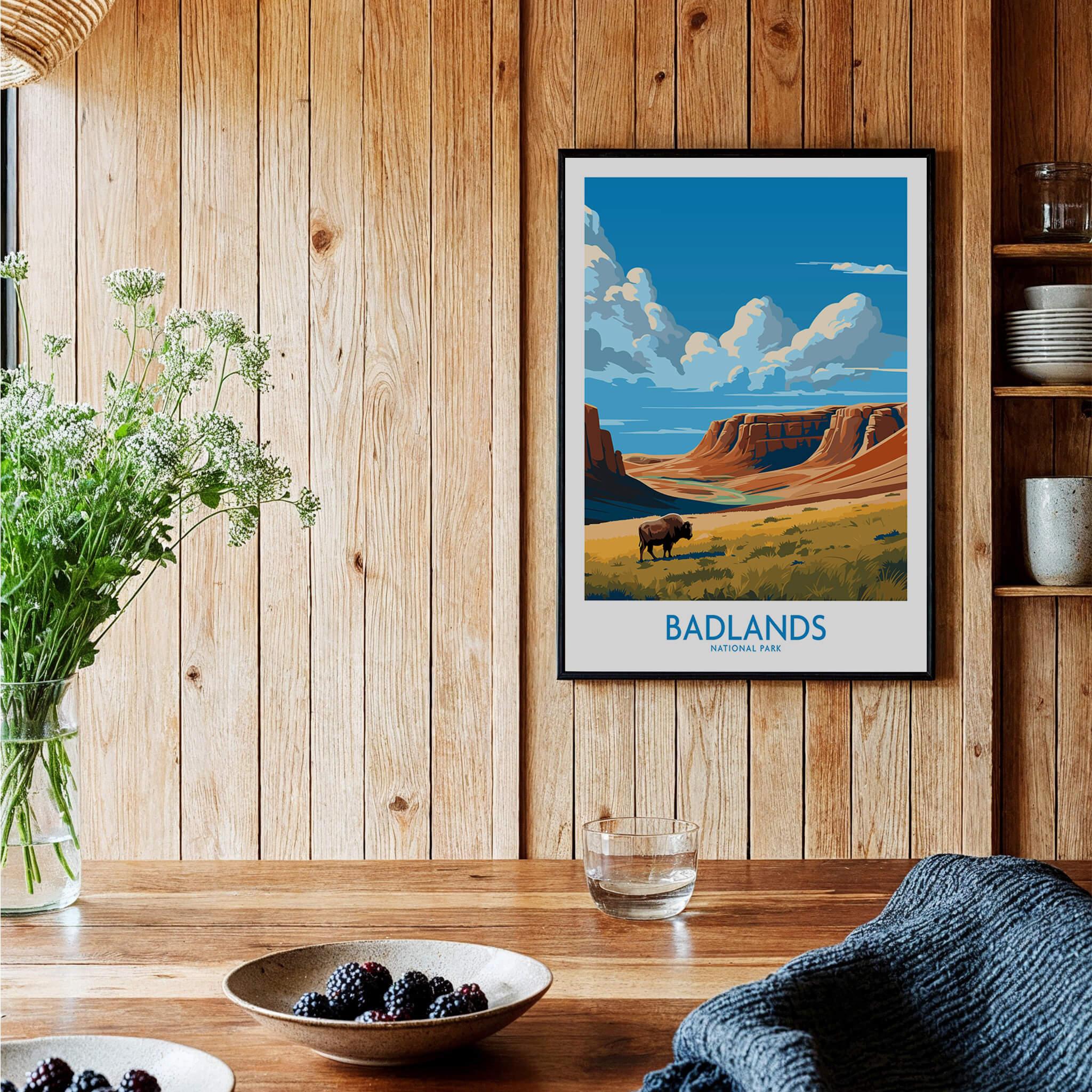 Framed Badlands National Park travel poster on wood wall in rustic kitchen setting