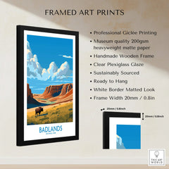 Framed Badlands National Park print with bison, canyon landscape, and product details