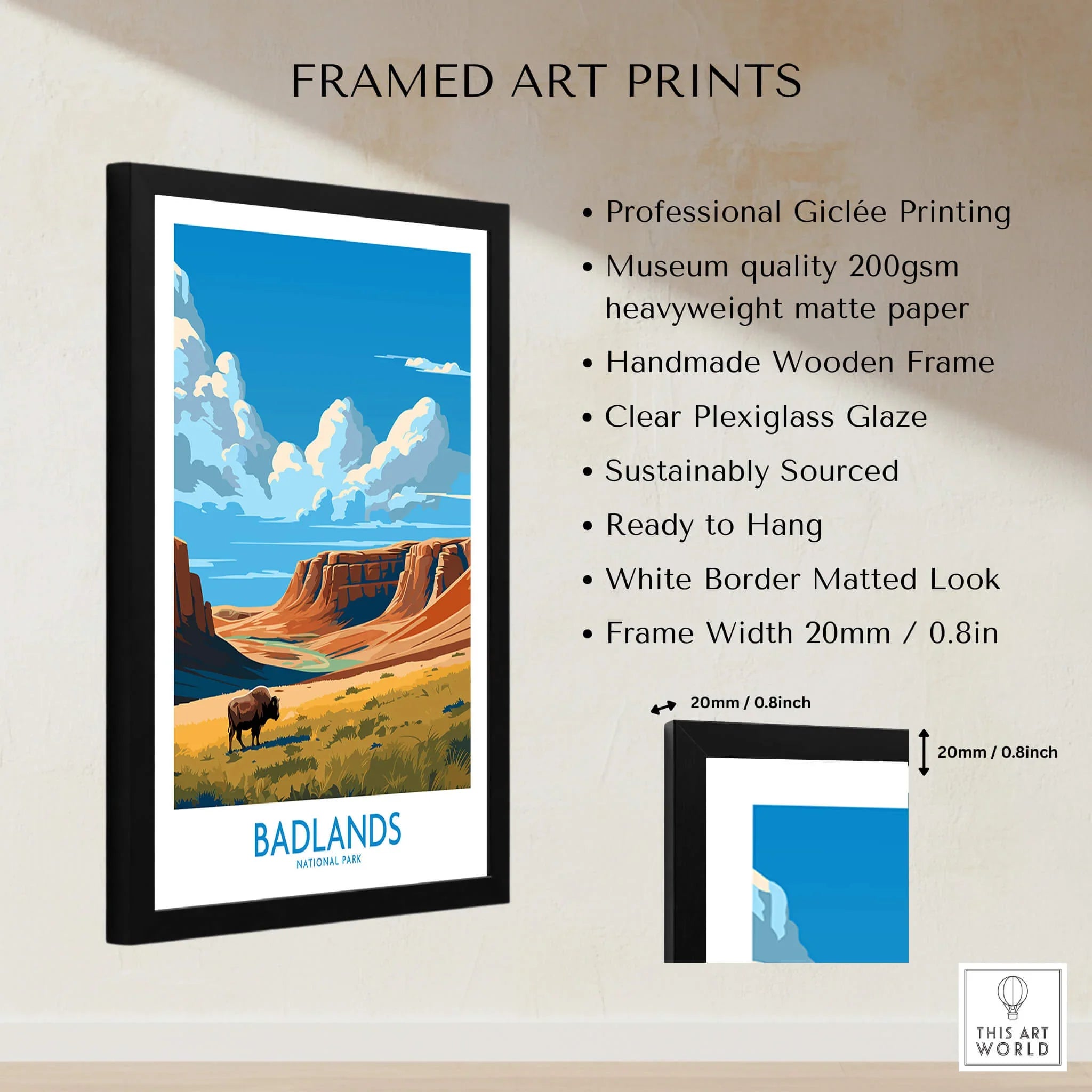 Framed Badlands National Park print with bison, canyon landscape, and product details