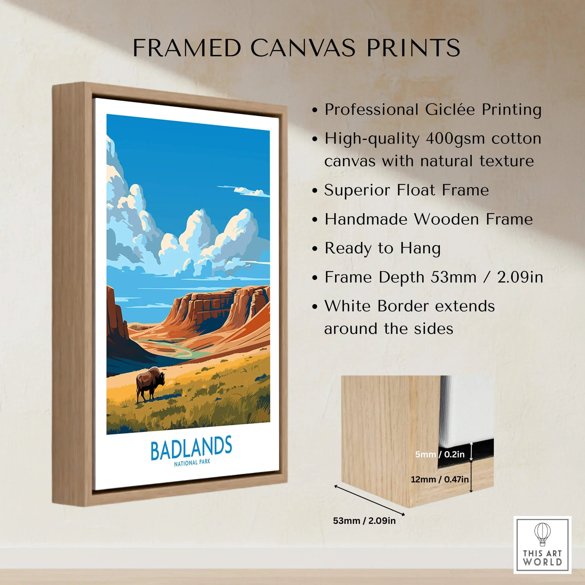 Framed Badlands National Park travel poster with bison, canyon, and blue sky wall art