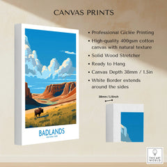 Badlands National Park canvas print with bison, canyon landscape, and blue sky wall art