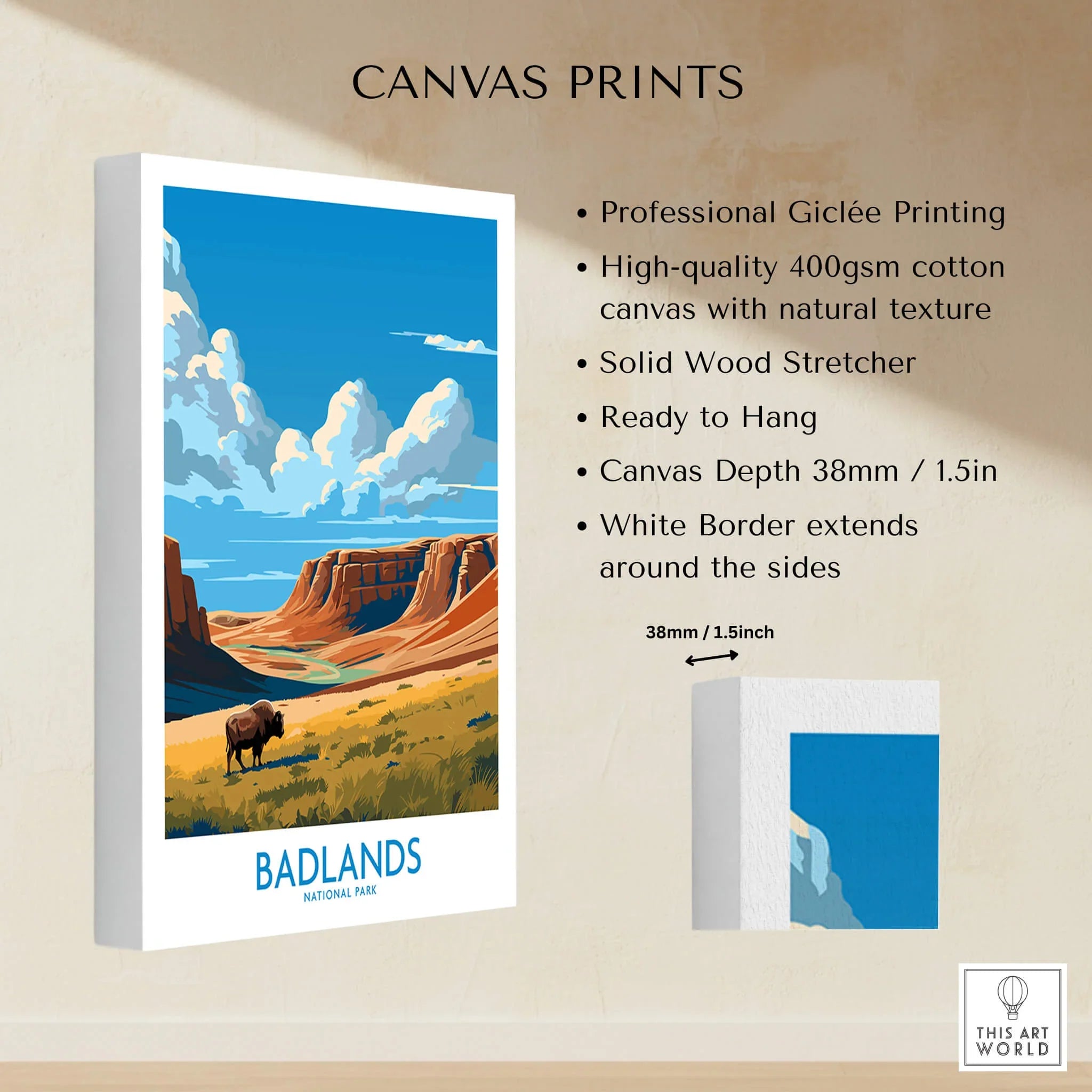 Badlands National Park canvas print with bison, canyon landscape, and blue sky wall art