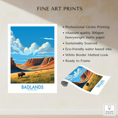 Badlands National Park art print featuring bison, dramatic cliffs, and blue sky