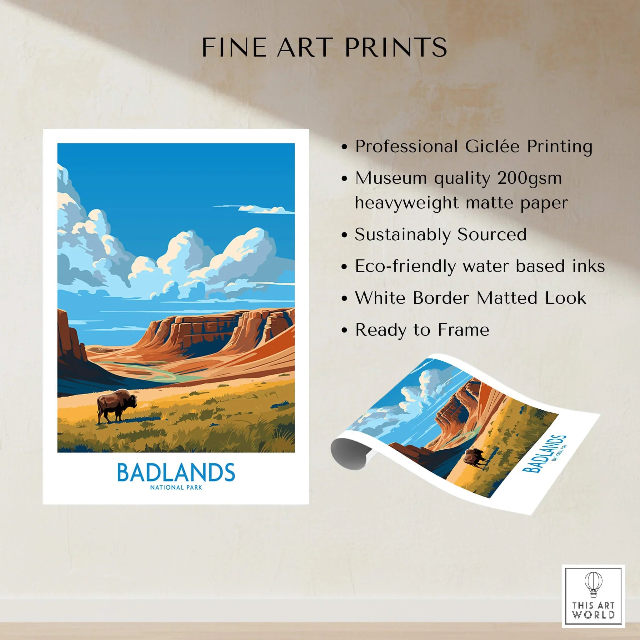 Badlands National Park art print featuring bison, dramatic cliffs, and blue sky