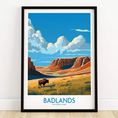 Badlands National Park art print in black frame featuring bison and canyon landscape
