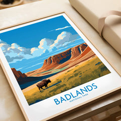 Framed Badlands National Park art print with bison, colorful cliffs, and blue sky, unwrapped.