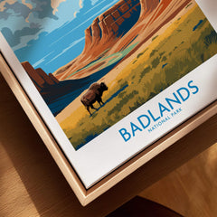 Badlands National Park art print with bison, landscape, and natural wood floating frame