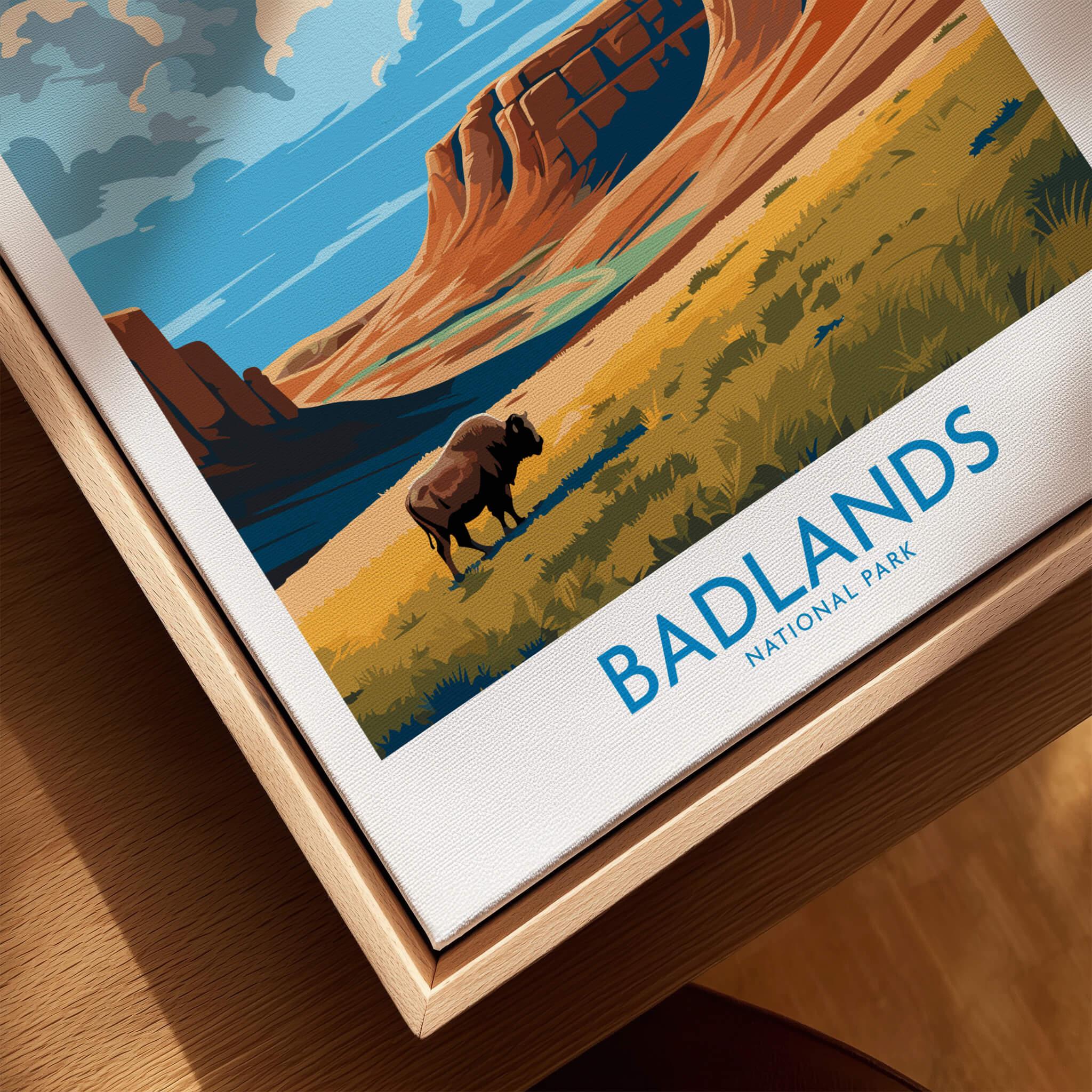 Badlands National Park art print with bison, landscape, and natural wood floating frame