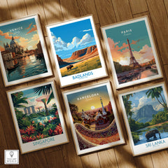 Set of six framed travel posters featuring Venice, Badlands National Park, Paris, Singapore, Barcelona, and Sri Lanka on a wooden floor.