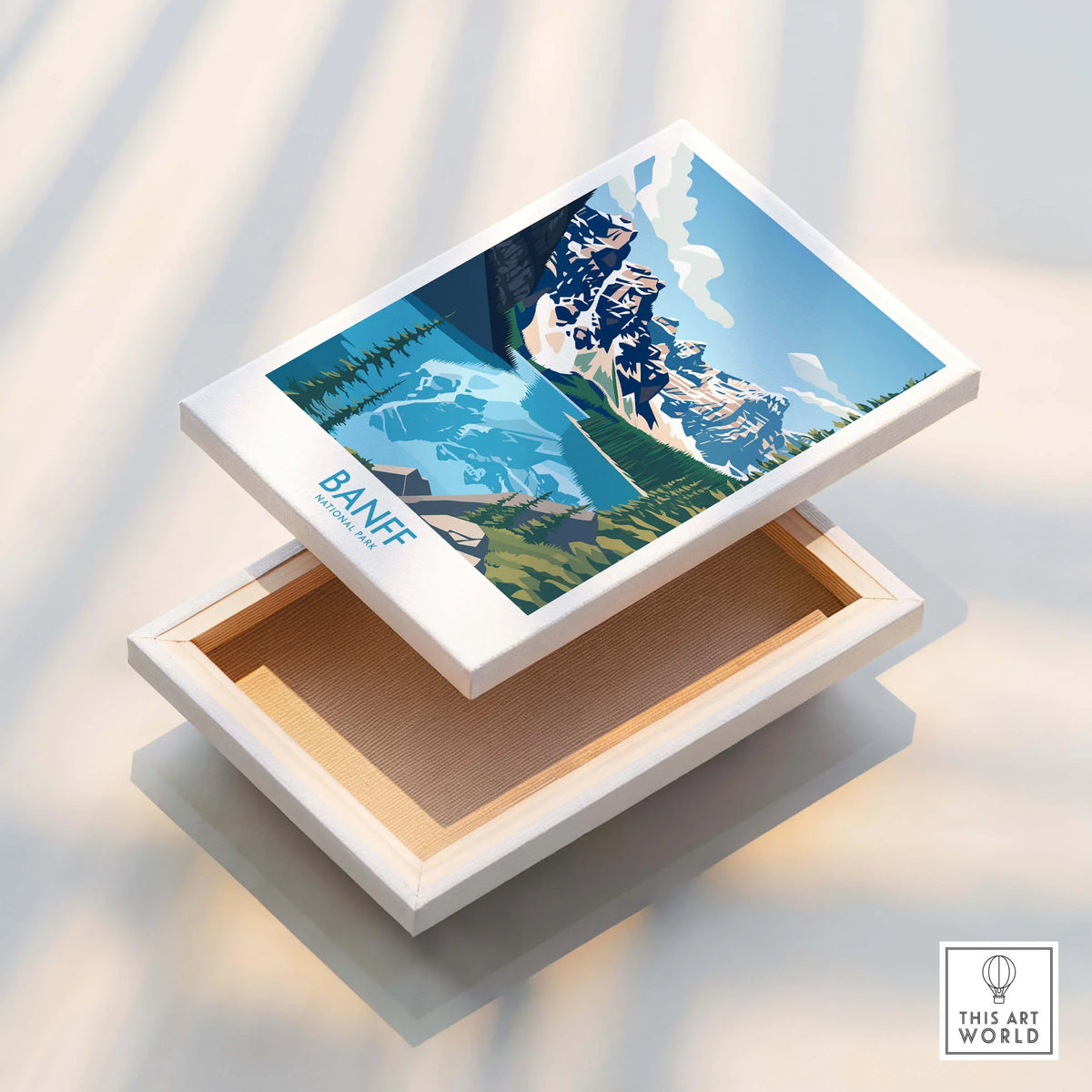 Banff National Park stretched canvas art print with snowy mountains and blue lake.