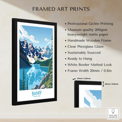 Framed Banff National Park art print with lake, mountains, and features list, wall decor